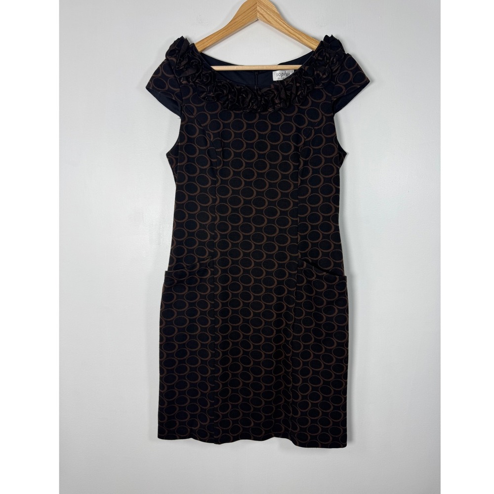 Mod Sophia Christina Womens Size 10 Sheath Dress Brown Black Circle Ruffle‎ Neck